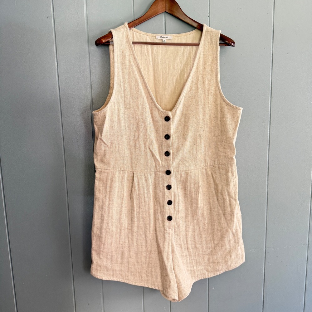 Madewell Womens 14 V-Neck Button Down Romper Ivory Oat Linen Blend NF908 Pockets